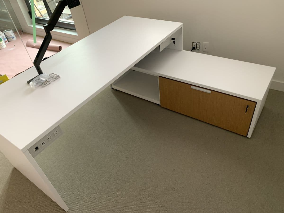 Home office installation example - desk, monitor arm and storage unit